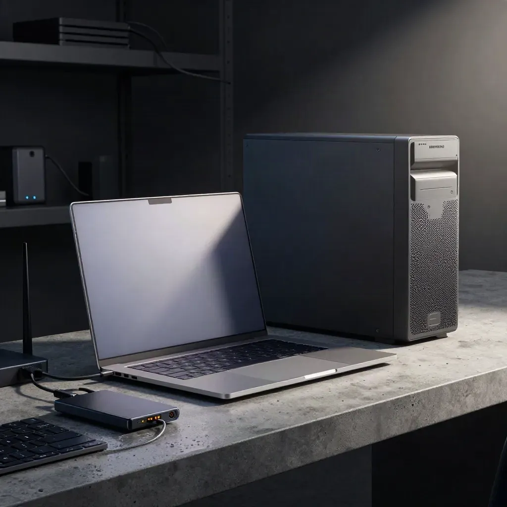 Moody Linux workstation with tower, laptop, router, SSD and USB stick in dawn haze.