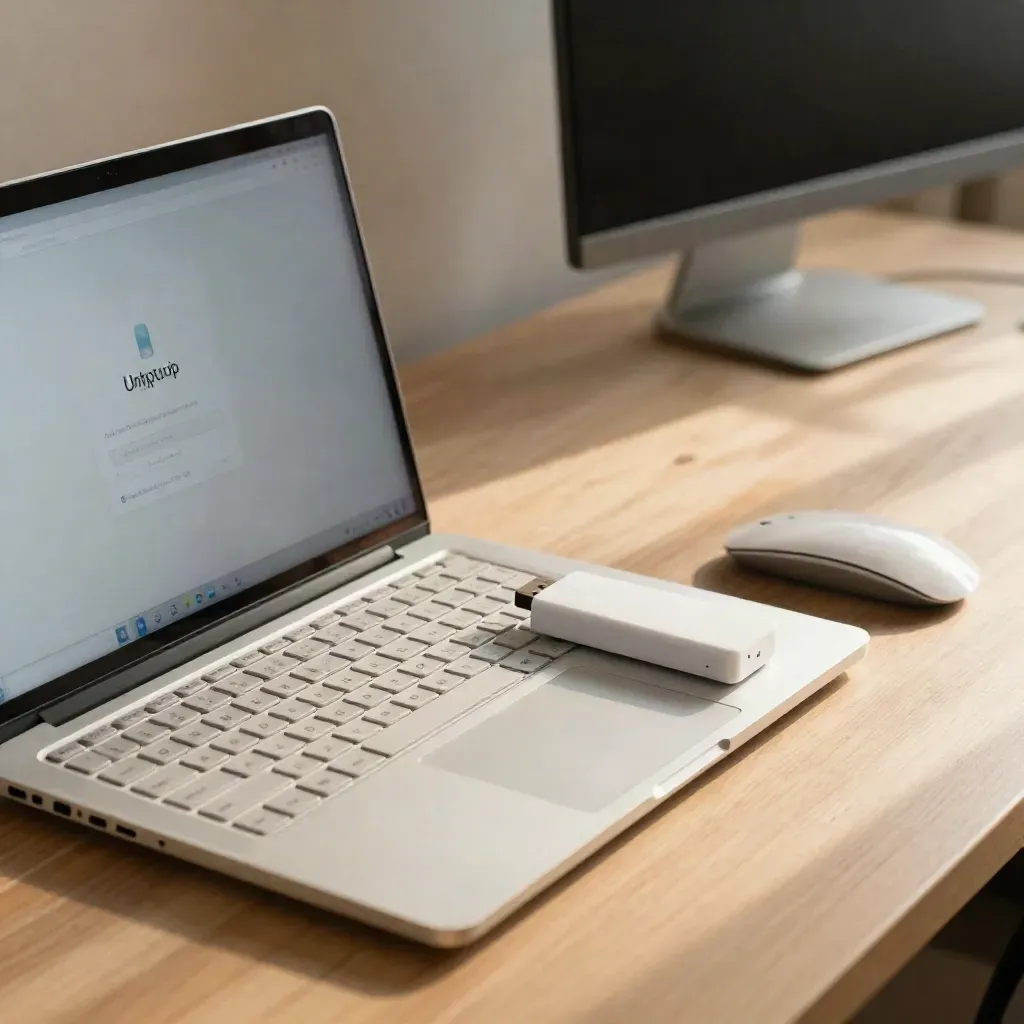 Silver laptop at first login on an oak table with USB installer, mouse and dark monitor