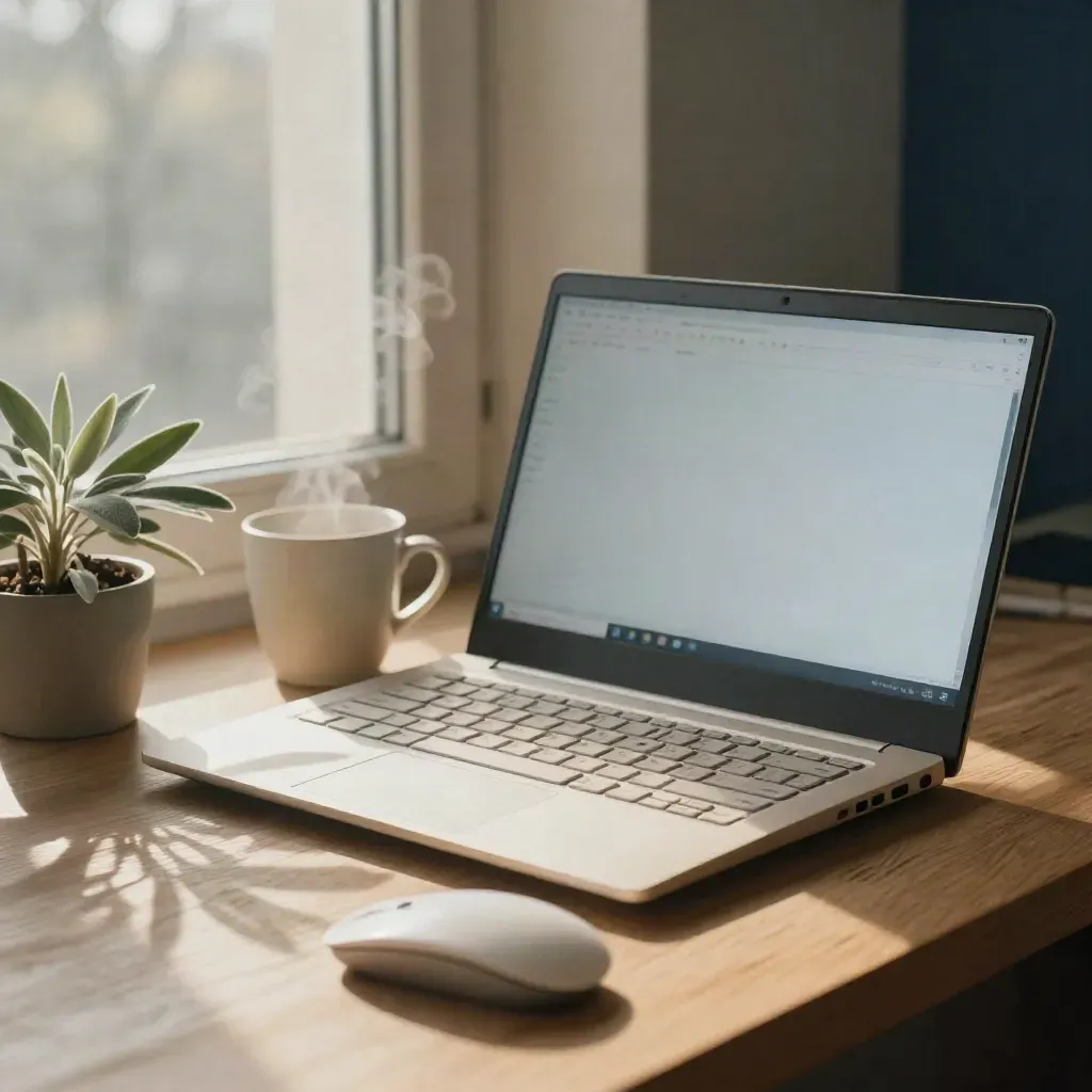 Beige laptop, mouse, cup, and potted plant on a quiet morning windowsill.