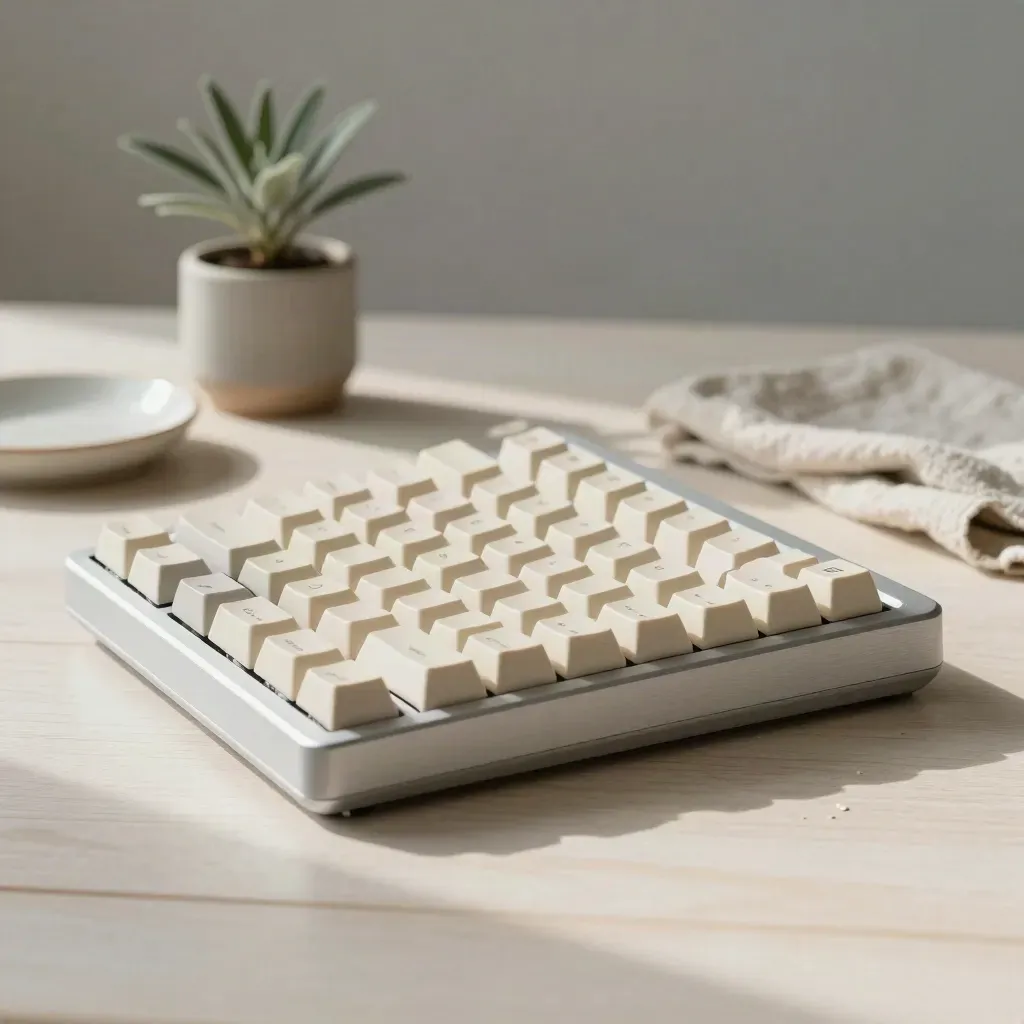 Compact mechanical keyboard, ceramic dish, tiny plant and folded cloth on pale wood in soft light.