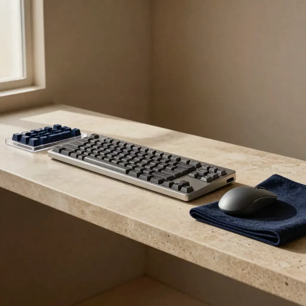 Aluminum keyboard with mouse, keycap sets, and navy cloth on a stone shelf.