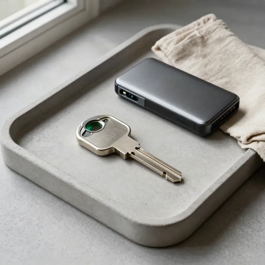 Security key, webcam cover, backup drive, and linen cloth on a concrete tray.